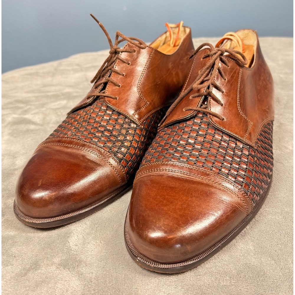 Johnston Murphy Oxfords Mens 12 M Brown Woven Leather Cap Toe Lace Up